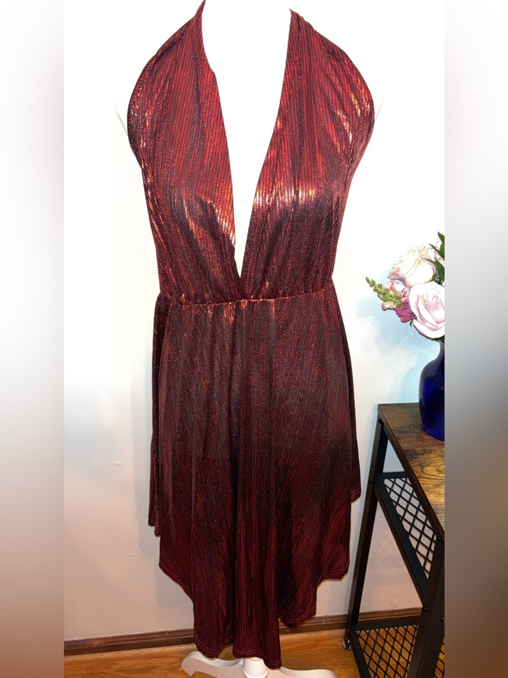 Deep Red Metallic Plunge V-Neck Women's Dress